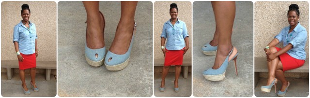 I am wearing a light blue chambray shirt by New York & Co, my red skirt is by The Limited. It's a stretch pencil skirt. My shoes are by Sam Edelman, they are Novato in Denim! You can find similar accessories @ charmingCharlie.